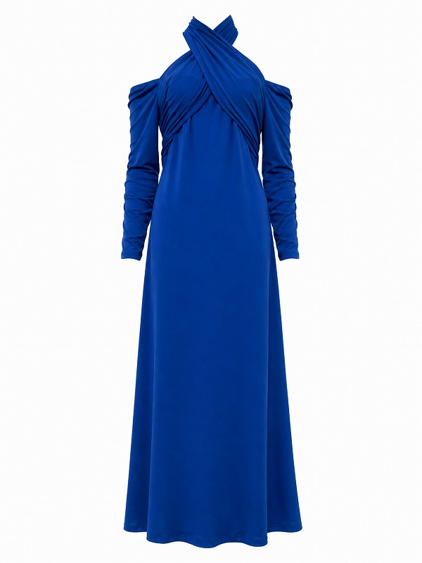 【新品DRESS 1914】クロスホルターネックオフショルフレアロングドレス ブルー【KAREN MILLEN】